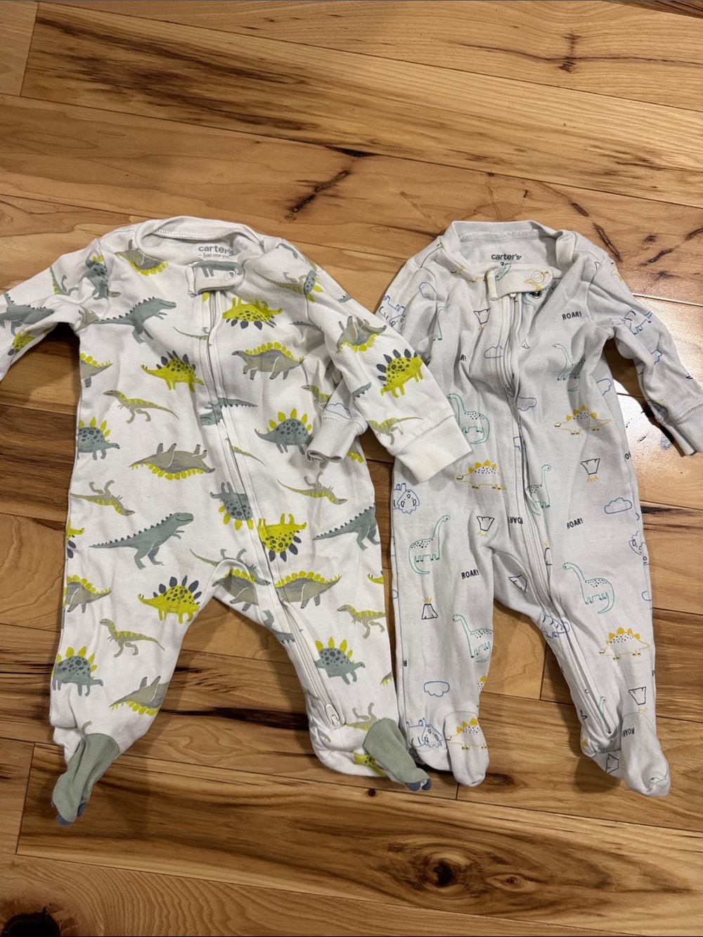 Carter's White & Light Gray Dino Footed One-Piece Sleepers - 2 Pack
